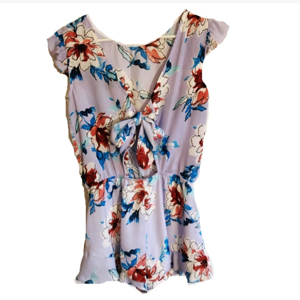 SOLD. Aqua | Floral tie back romper - Picture 2 of 6